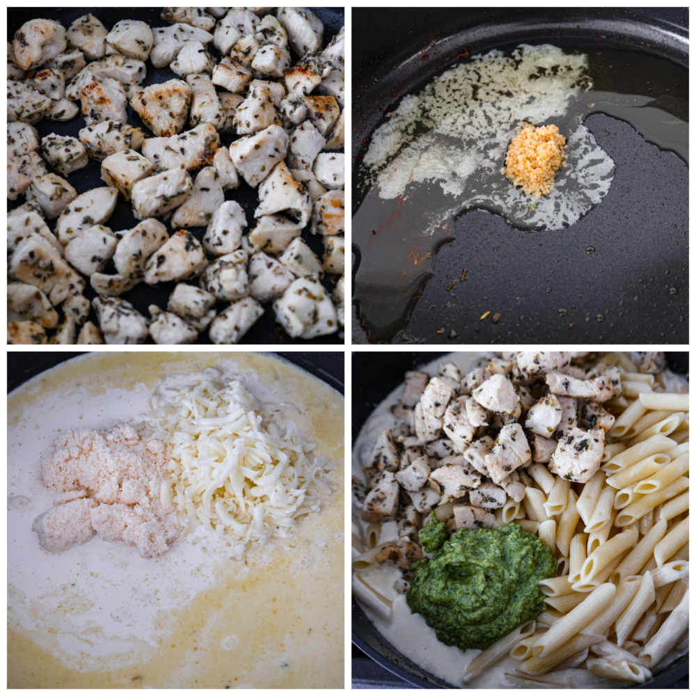Process photos showing how to cook the chicken, make the sauce, and add it all together.