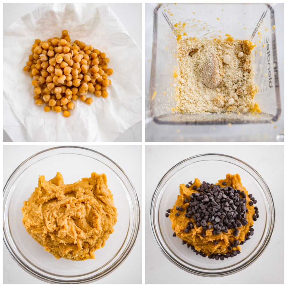4-photo collage of chickpeas being blended and mixed together with the other ingredients.