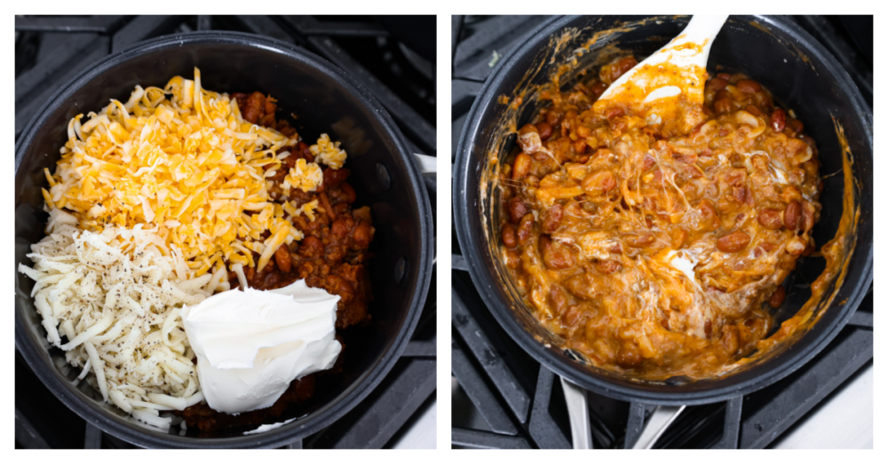 2-photo collage of dip ingredients being mixed on the stove top.