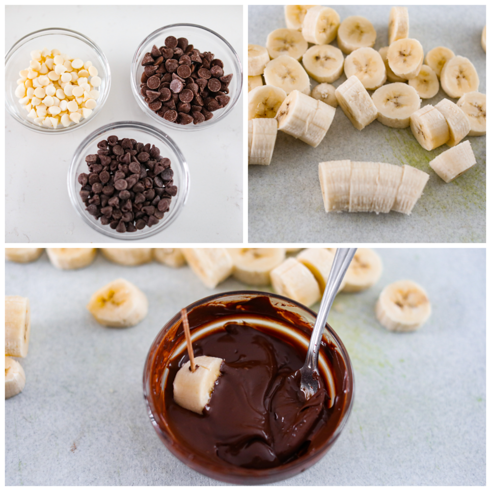 3-photo collage of chocolate being melted and bananas cut into slices.