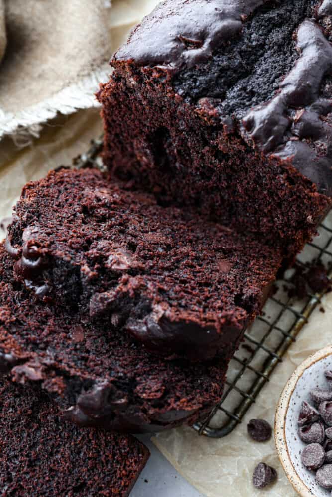 Hero image of chocolate bread cut into slices.