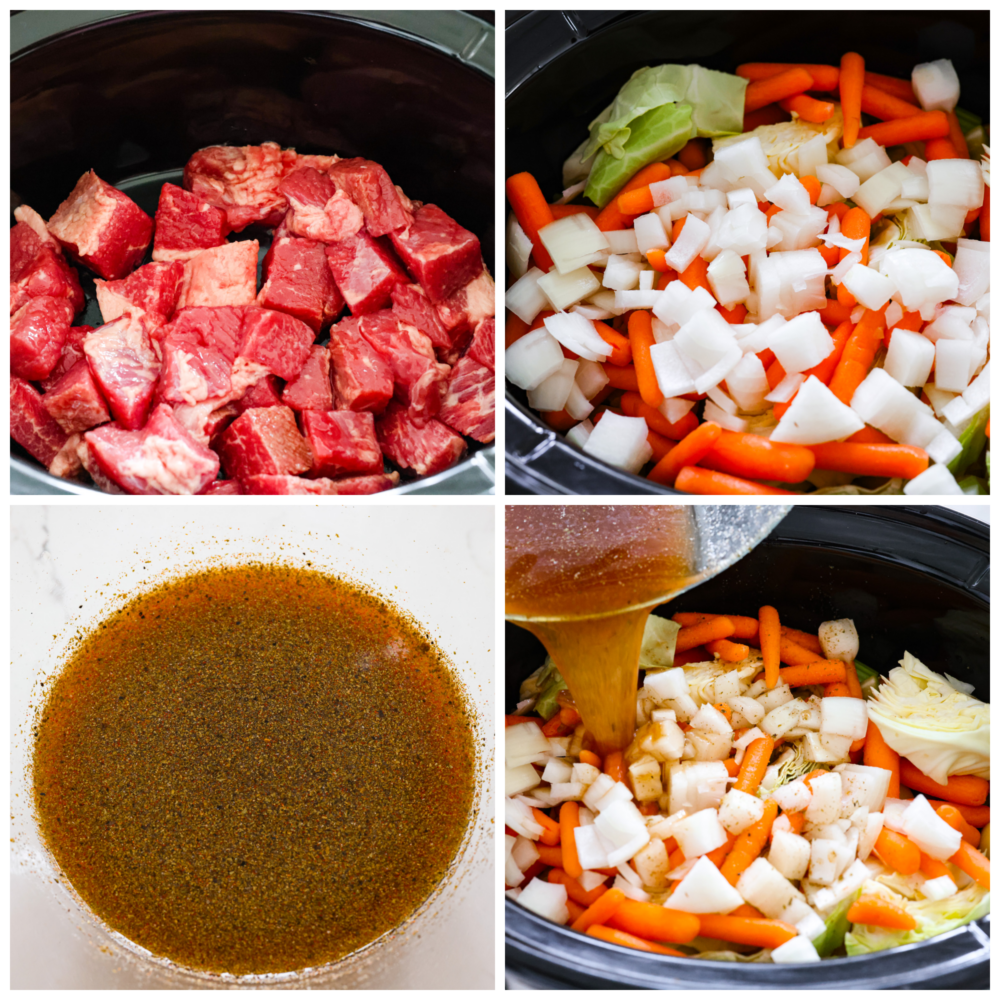 Verwerk foto's die laten zien hoe u het vlees, de groenten en de bouillon bereidt en aan de pot toevoegt.
