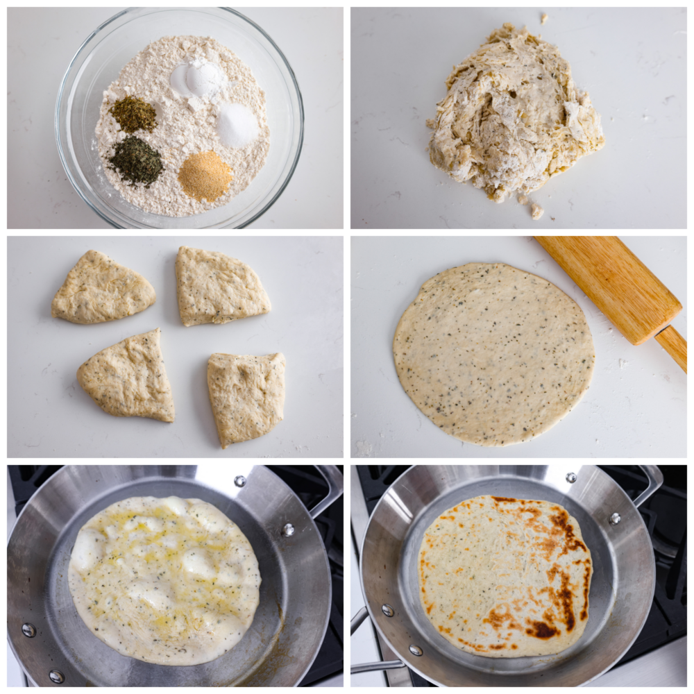 No Yeast Flatbread is a quick and easy bread recipe that you'll be making for years to come! Use it for sandwiches, gyros, pizza, and so much more. No need to wait for this bread to rise, with no yeast and cooked over the stove, it's a simple recipe that you will want to save for later. Process photos showing how to make the dough, divide it, shape it, and cook it.