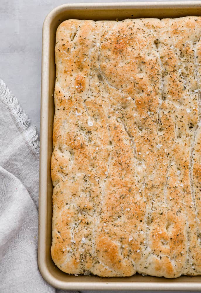 A whole pan of focaccia bread.