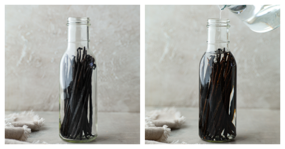 2-photo collage of vanilla extract being prepared.