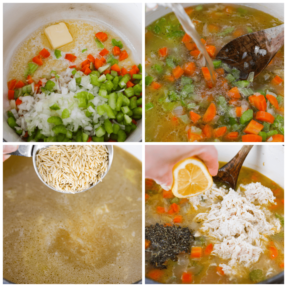 Process photos showing how to make the mirepoix, adding the broth, the orzo, and finishing with lemon juice.