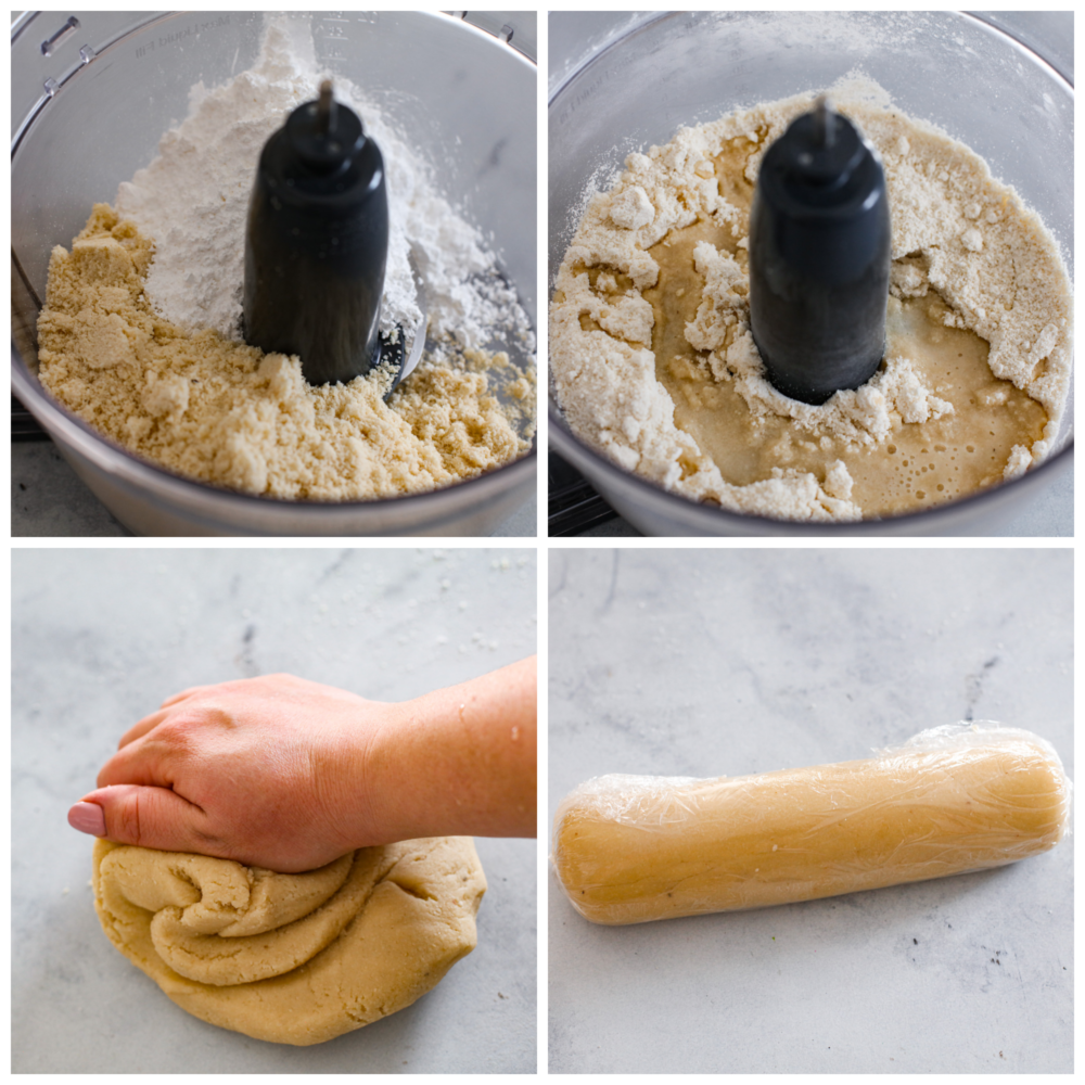 Mutfak robotuna eklenen malzemeleri, ardından hamuru yoğurup kütük haline getirmeyi gösteren işlem fotoğrafları.