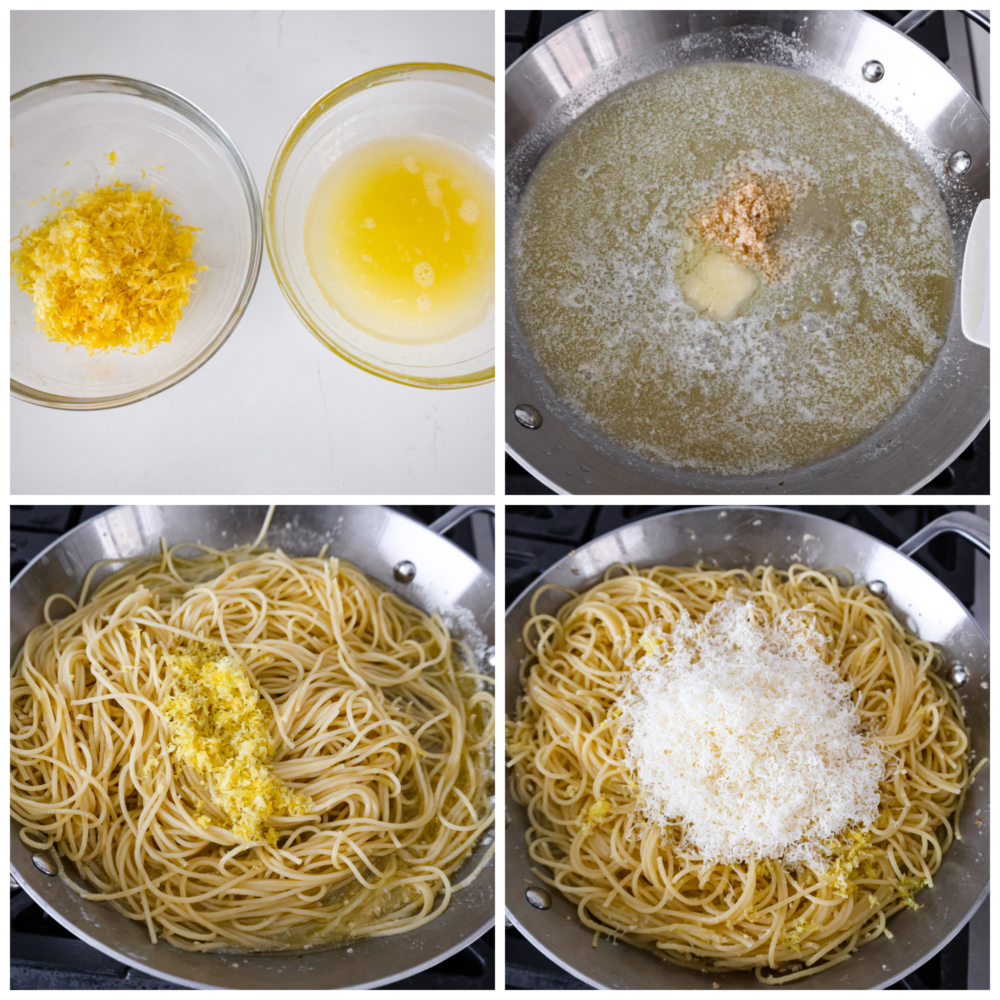 Process photos showing how to make the sauce and cook the pasta.