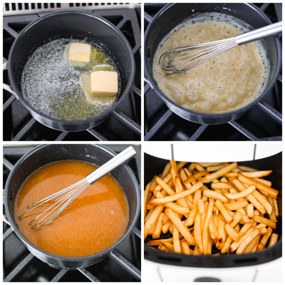 Processfoton som visar hur man gör en roux, såsen och pommes fritesen.