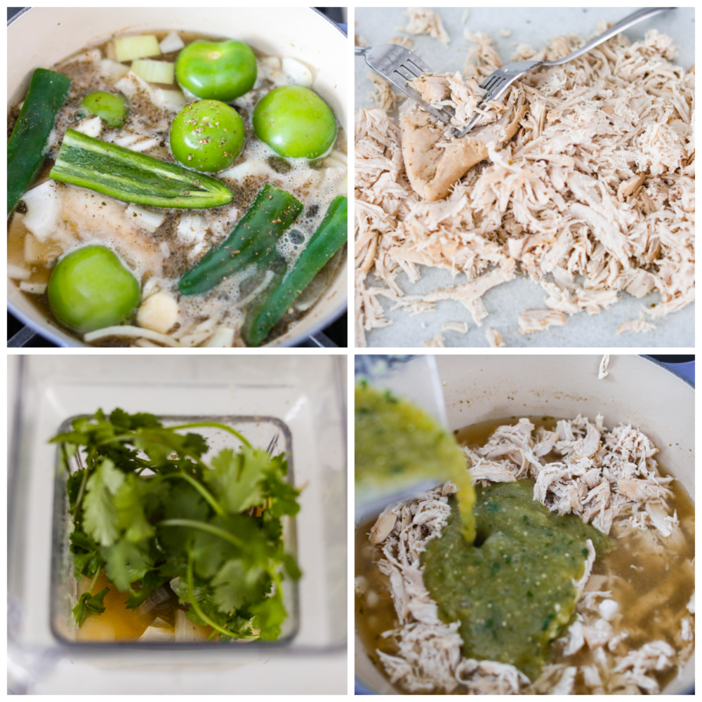 Process photos showing how to make the verde, shred the chicken, and add it all to the bowl.