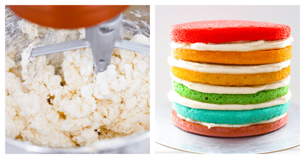 2-photo collage of buttercream being made and frosted in between each cake layer.