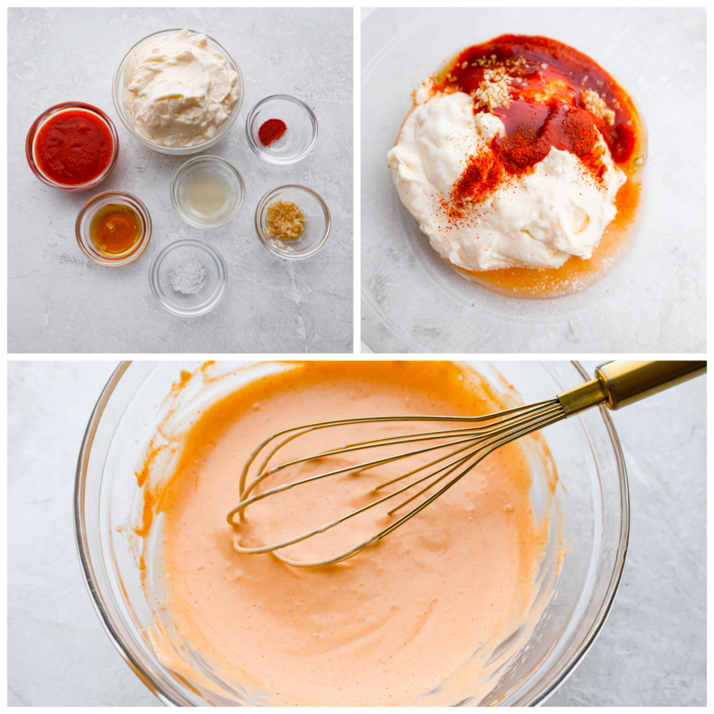 3-photo collage of sauce ingredients being mixed together.