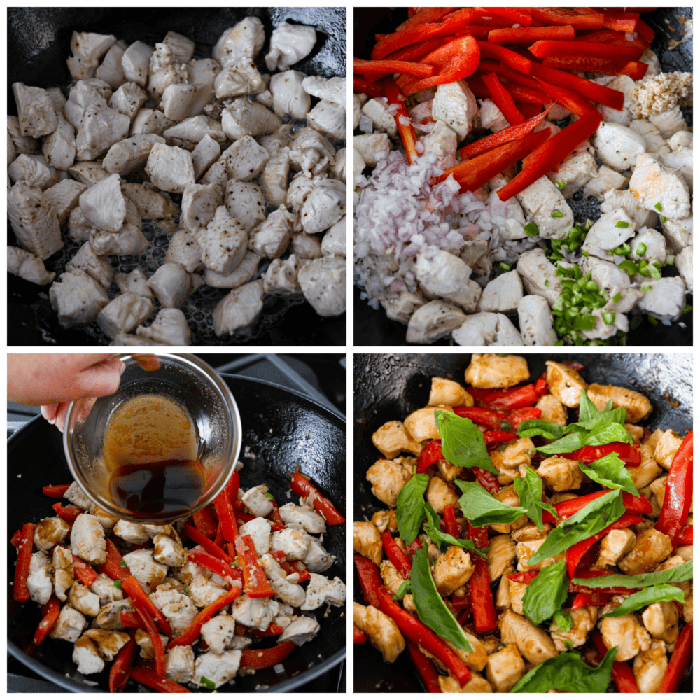 Verwerk foto's die laten zien hoe je de ingrediënten in een wok kookt.