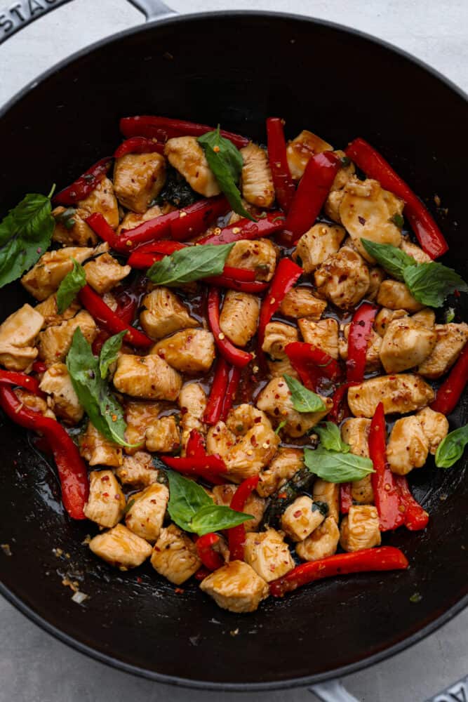 A look at the Thai basil chicken in the wok.
