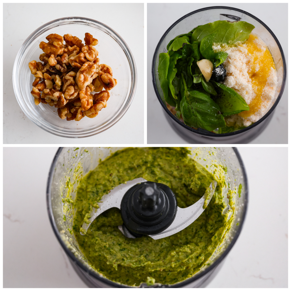 Collage van 3 foto's van ingrediënten die met elkaar worden gemengd.