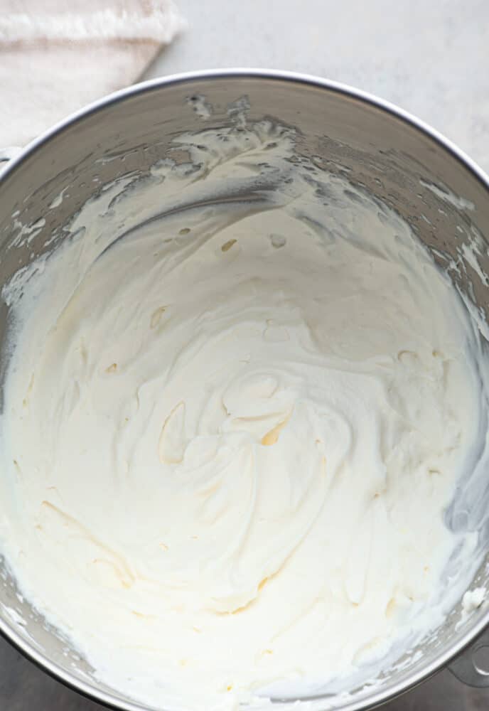 A look into the mixer bowl with the whipped cream.