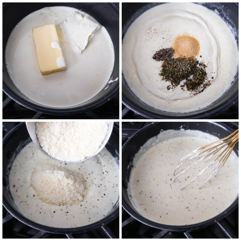 4-photo collage of sauce ingredients being mixed together in a skillet.