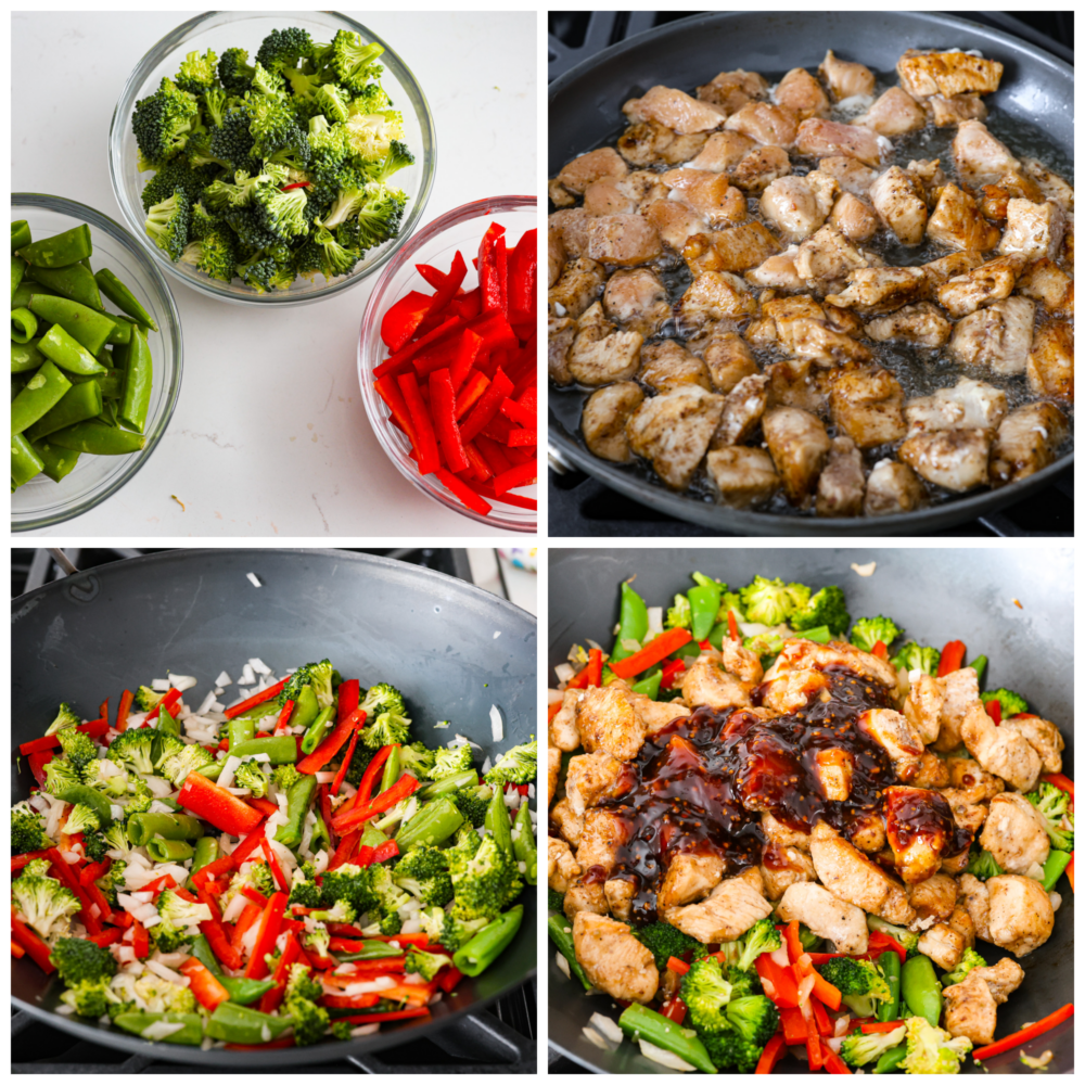 4-photo collage of chicken and veggies being stir-fried.
