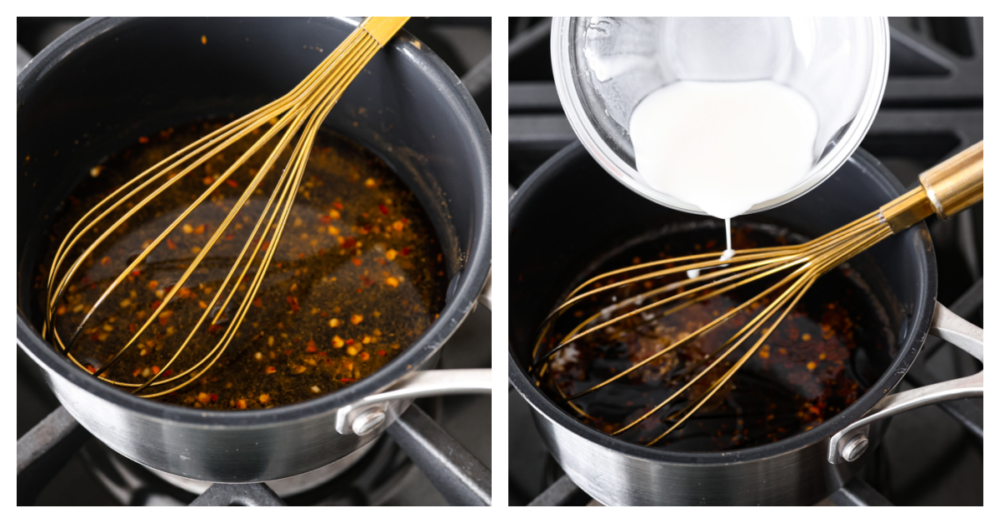 Collage de 2 fotos de salsa siendo mezclada sobre la estufa.