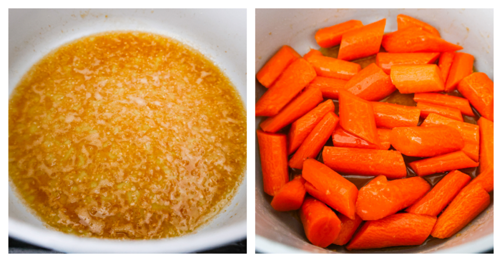 2-photo collage of sliced carrots being coated in the sauce.