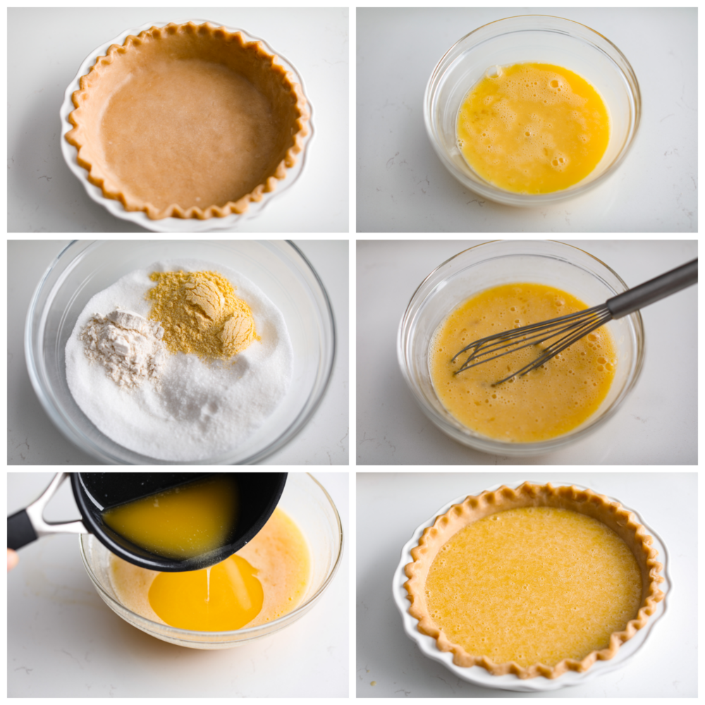Collage of chess pie filling being prepared.