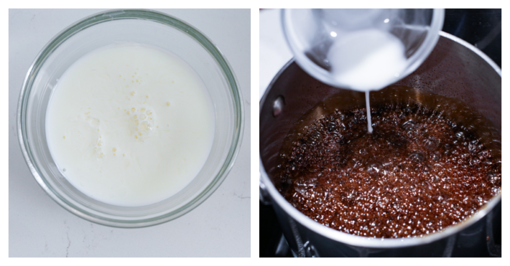 Process photos showing the cornstarch slurry being added to the sauce.