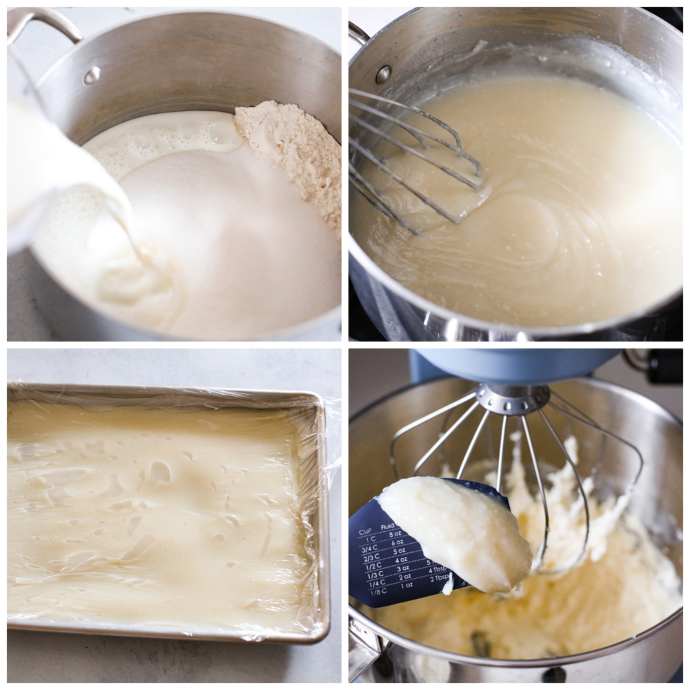 Process photos showing how to make the sweet roux and paste, then whip it up.