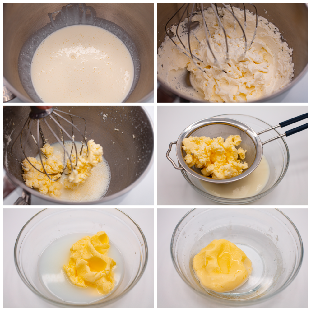 Fotos de proceso que muestran cómo batir la crema espesa y colarla.