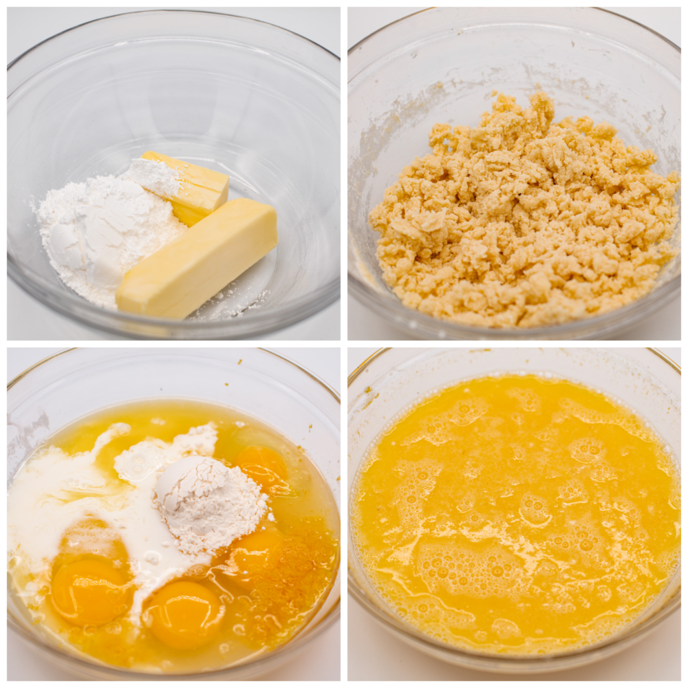 4-photo collage of crust mixture and lemon filling being prepared.