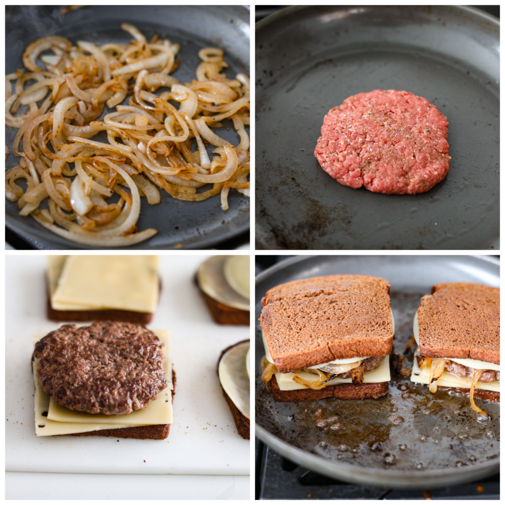 Process photos showing how to caramelize the onions, cook the beef patty, and assemble that sandwich.