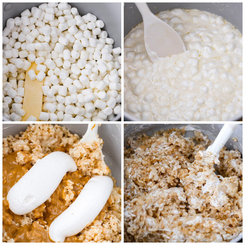 4-photo collage of marshmallows being melted together with peanut butter and marshmallow creme.