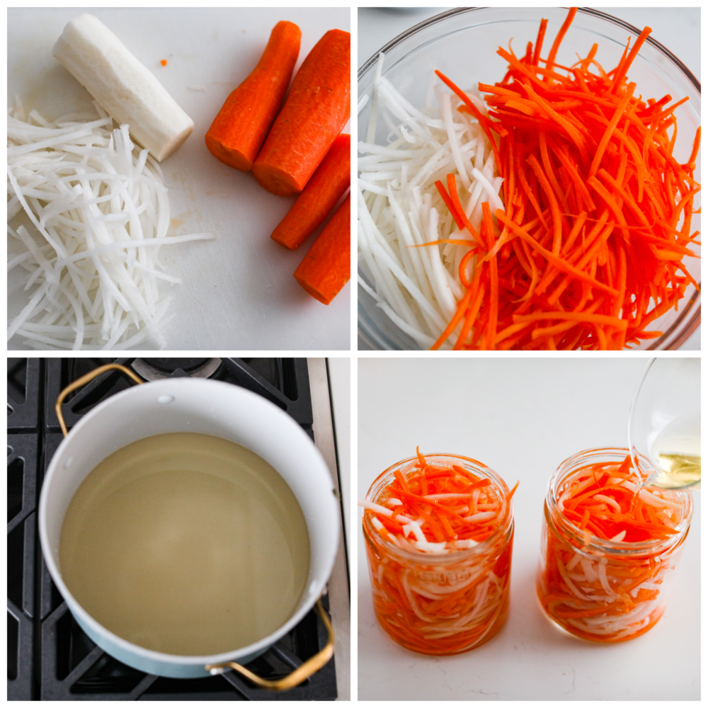 Process photos showing how to prepare the carrots and the brine, and put it all together.