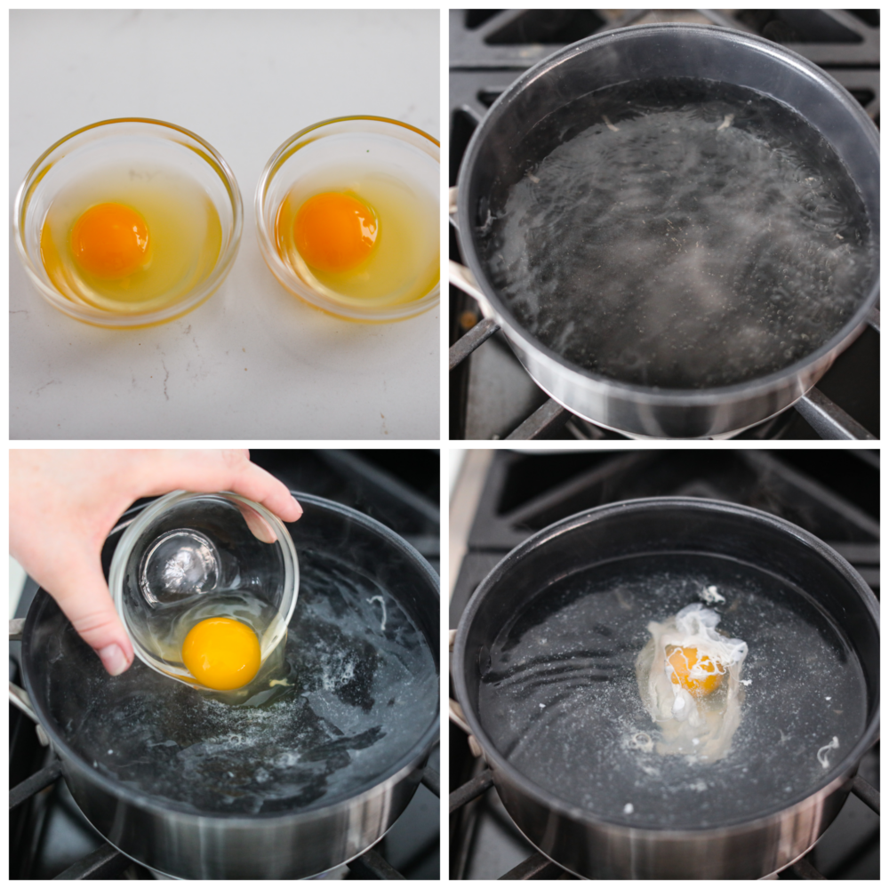 Process photos showing how to prepare the ingredients and the water and cook the egg.