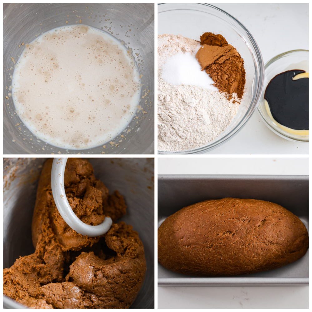 Process photos showing how to activate the yeast, mix ingredients together, and mix the dough.