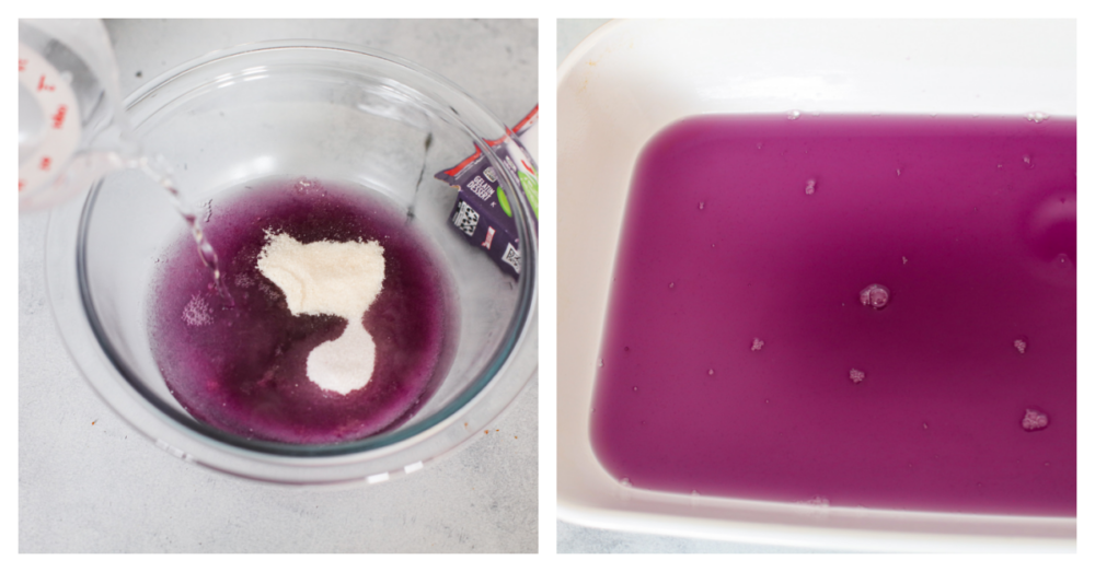 Jello being prepared and added to a glass dish..