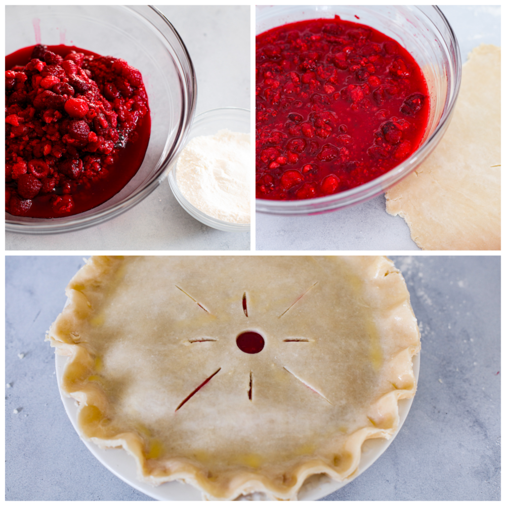 3-photo collage of raspberry filling and pie crust being prepared.