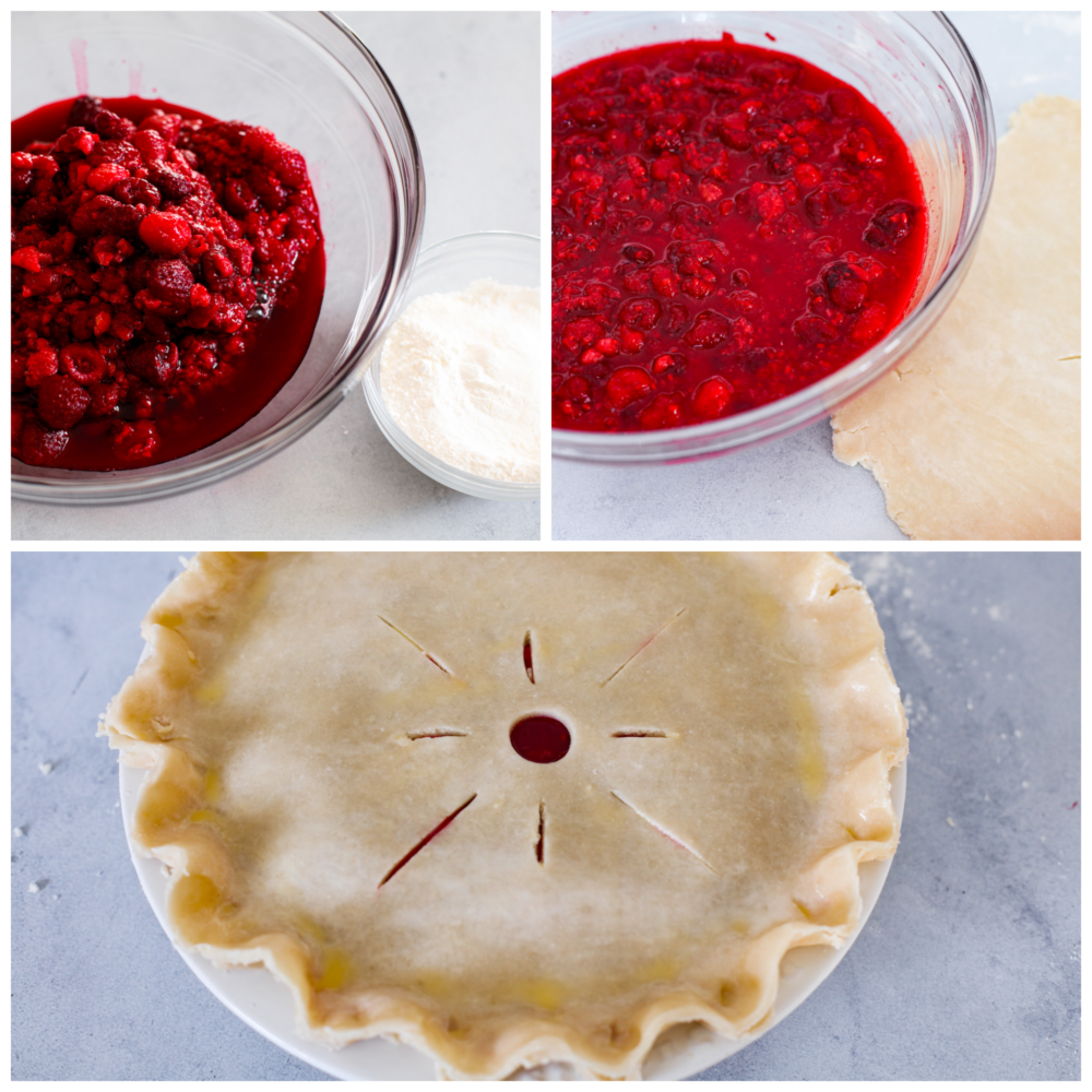 Raspberry pie is a timeless dessert that has been enjoyed for generations, and for good reason. With its flaky, buttery crust and tangy-sweet filling bursting with fresh, juicy raspberries, it’s the perfect balance of flavors and textures. And while store-bought options are convenient, nothing beats making it from scratch! 3-photo collage of raspberry filling and pie crust being prepared.