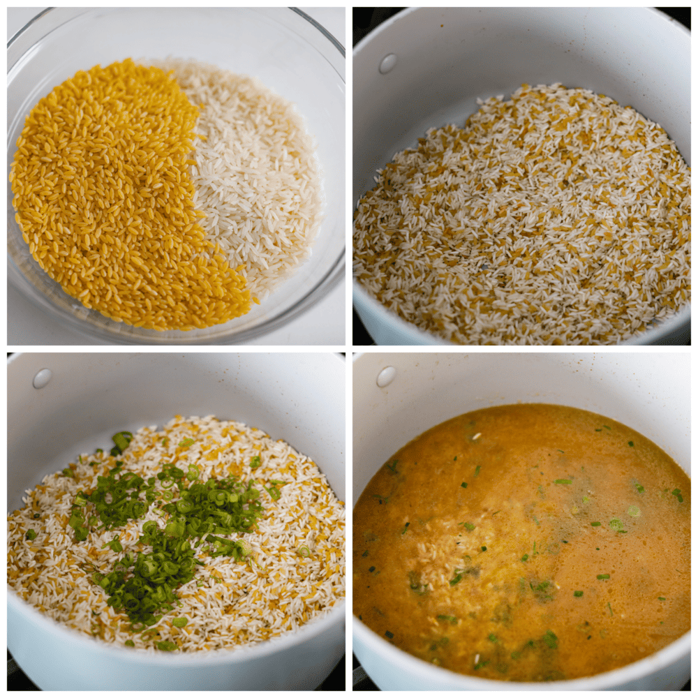 4-photo collage of rice and orzo being toasted, then combined with green onions and chicken stock to create a pilaf.