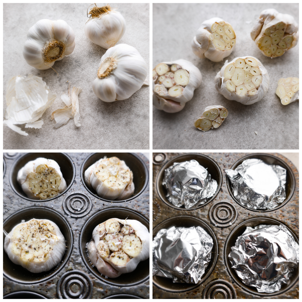 4-photo collage of garlic being prepared with olive oil and seasonings, then covered with aluminum foil.