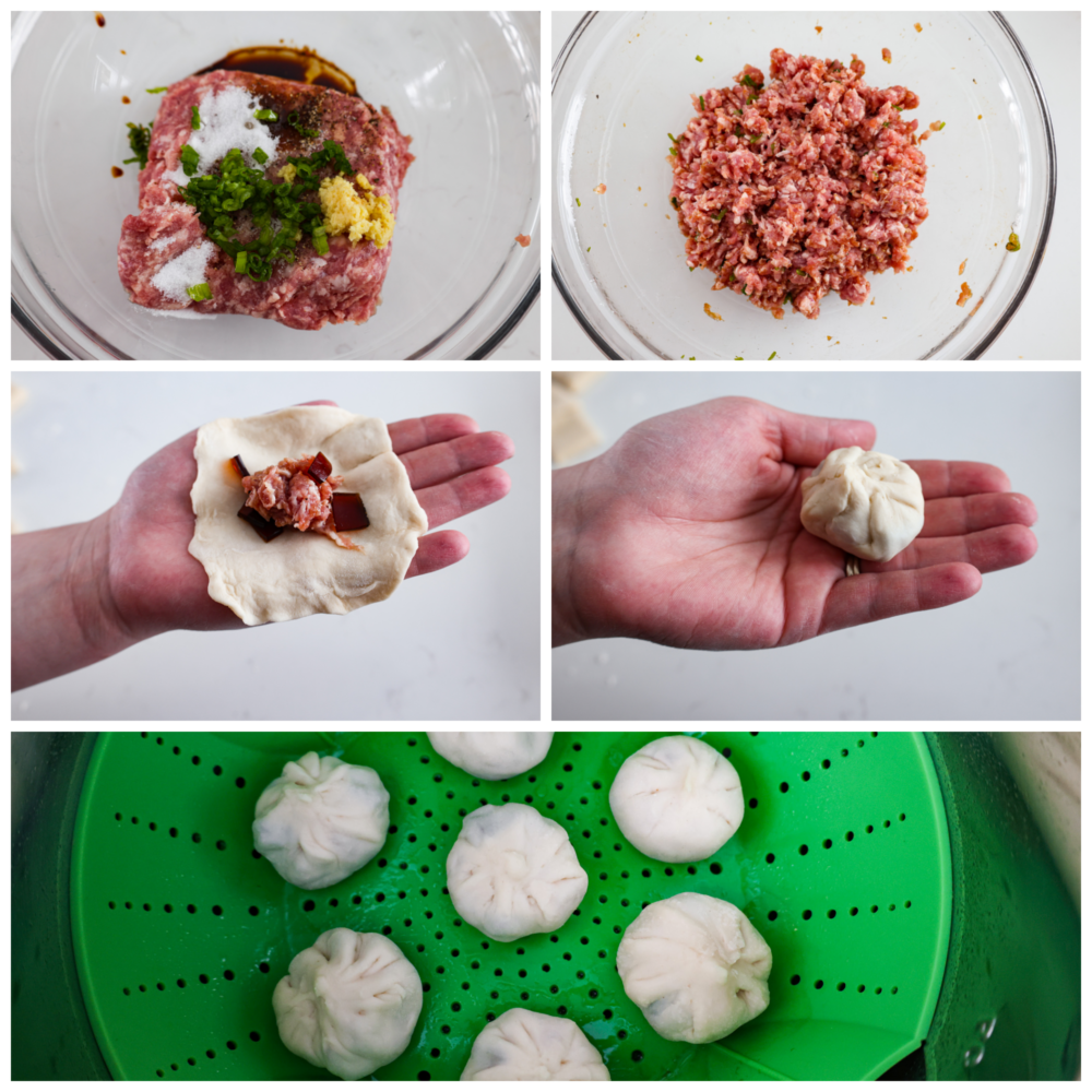 Process photos showing how to mix the filling, add them to the dough, and steam them.