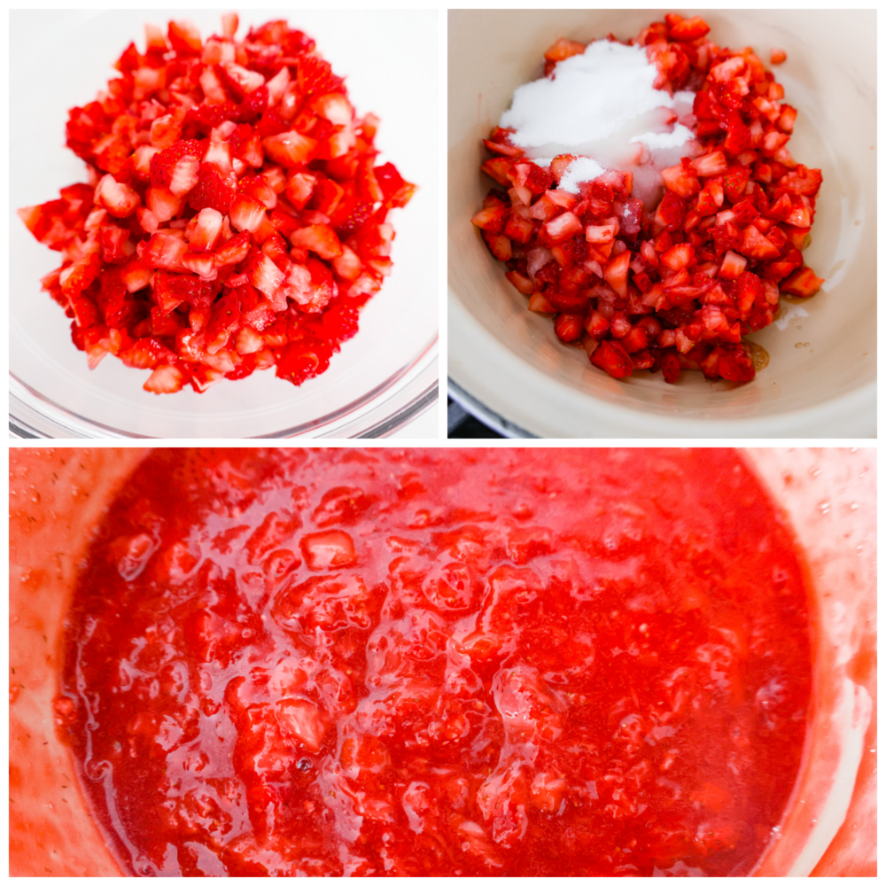 Collage of strawberries being made into puree.