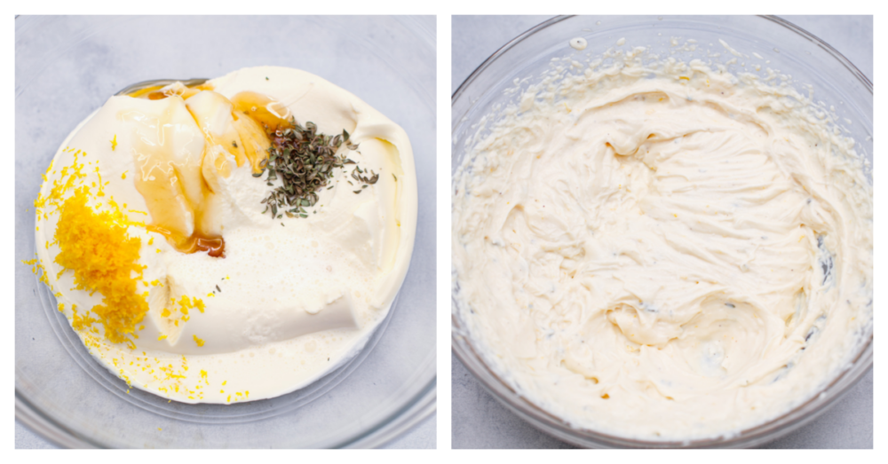 Collage de 2 fotos de los ingredientes de la salsa que se mezclan.