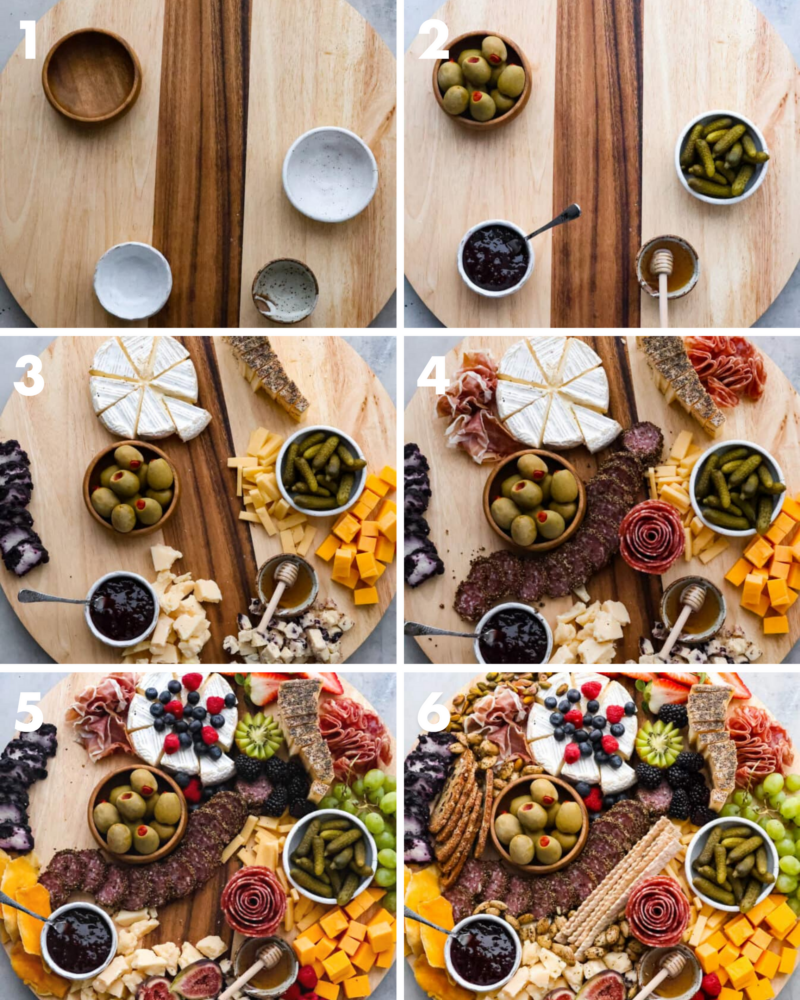6-photo collage of how to make a charcuterie board.