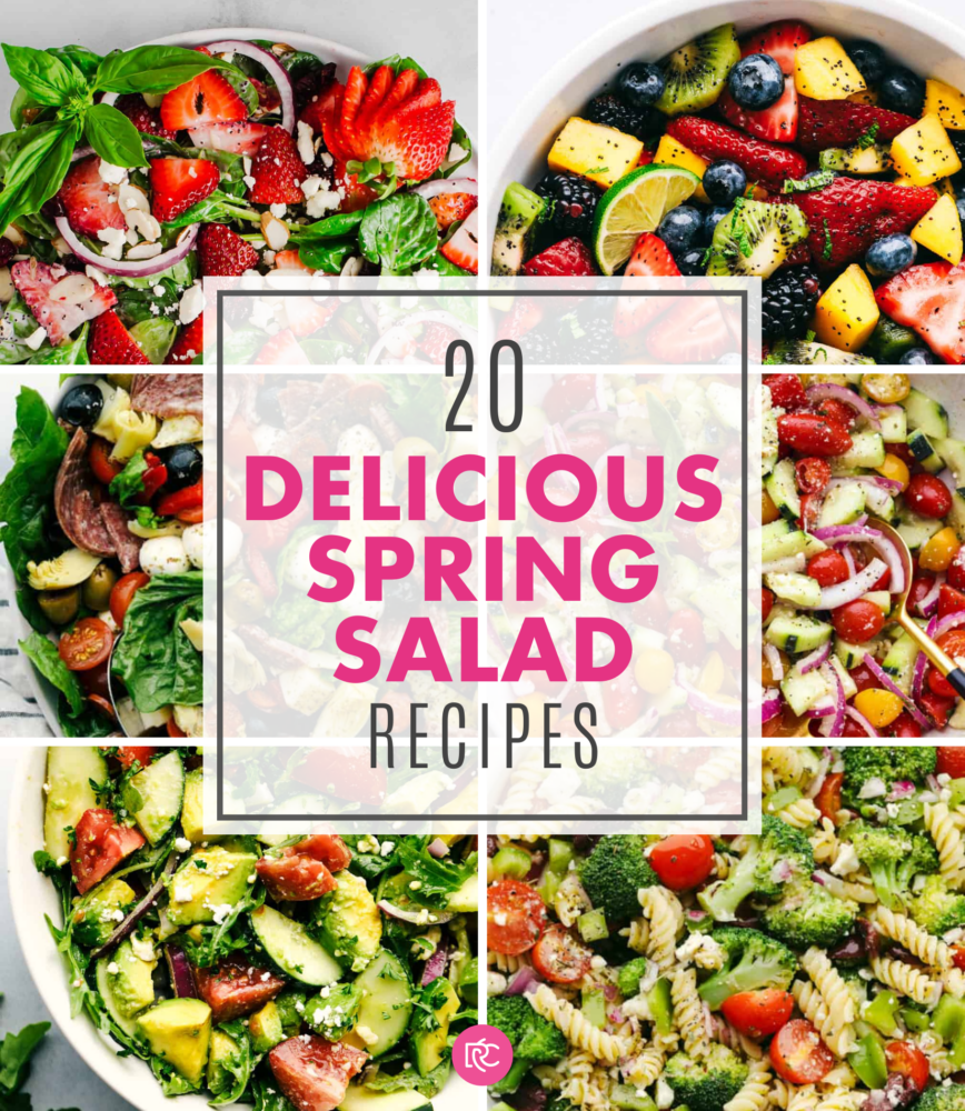 A collage of 6 salads, with the text "20 delicious spring salad recipes" in the center.