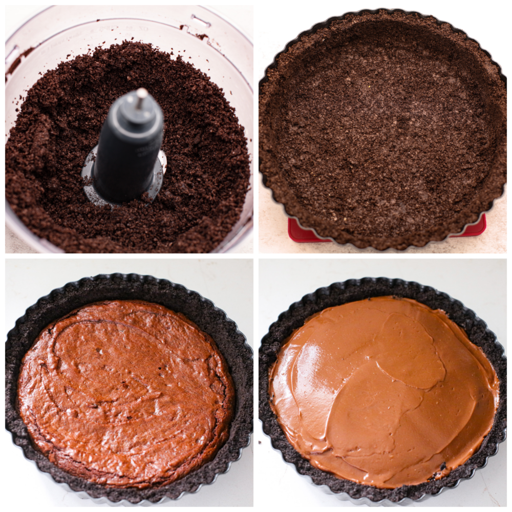 3 fotos que muestran cómo hacer la corteza de Oreo y cómo agregar las diferentes capas de brownie y chocolate. 