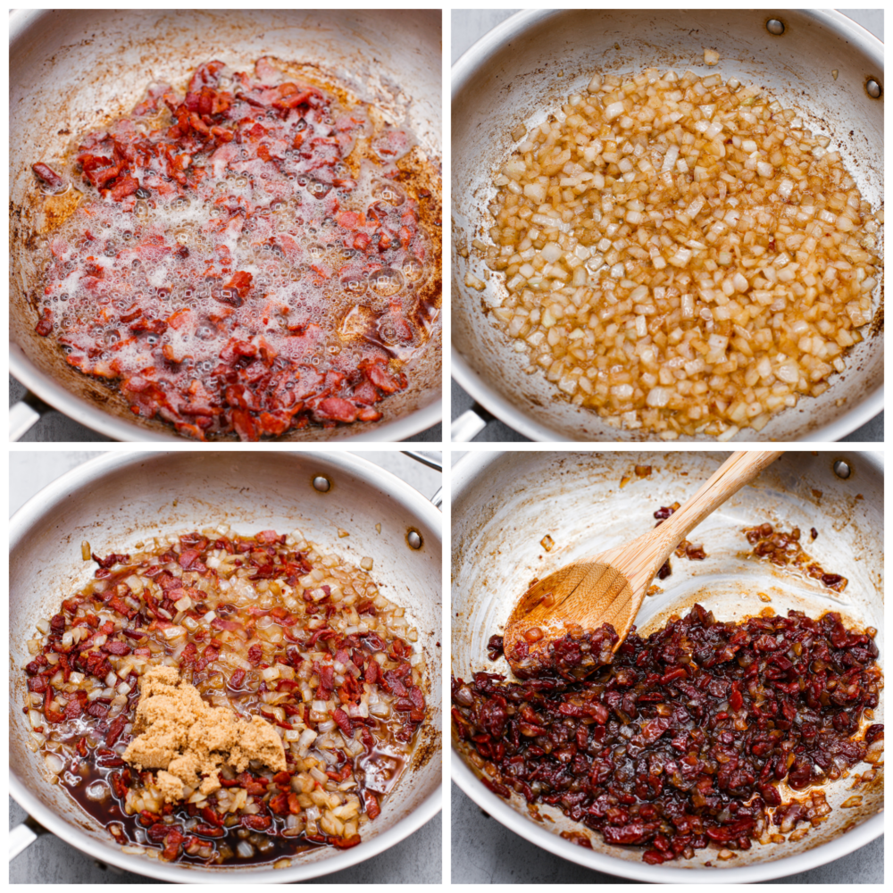 Collage de 4 fotos de trocitos de tocino y cebollas picadas cocinándose juntos.