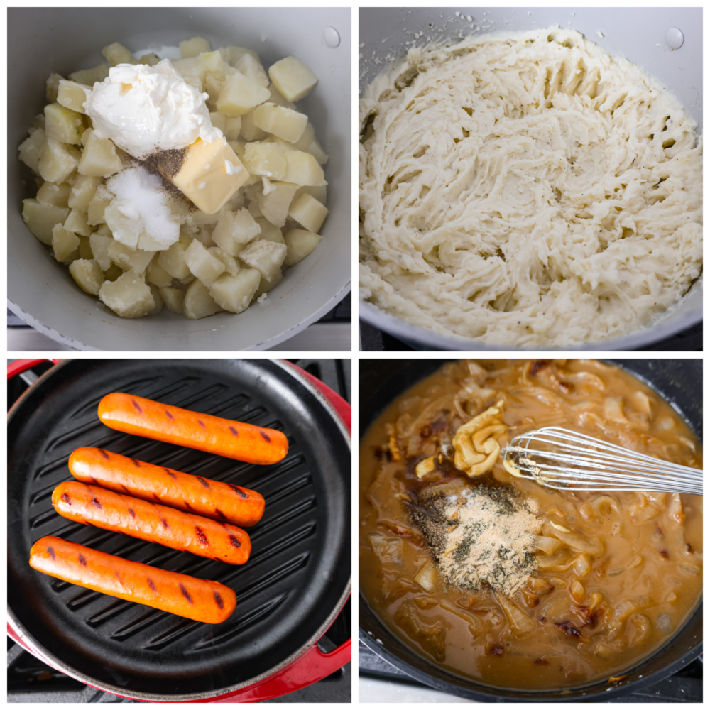 Collage de 4 fotos del puré de papas, salchichas y salsa que se preparan para salchichas y puré.