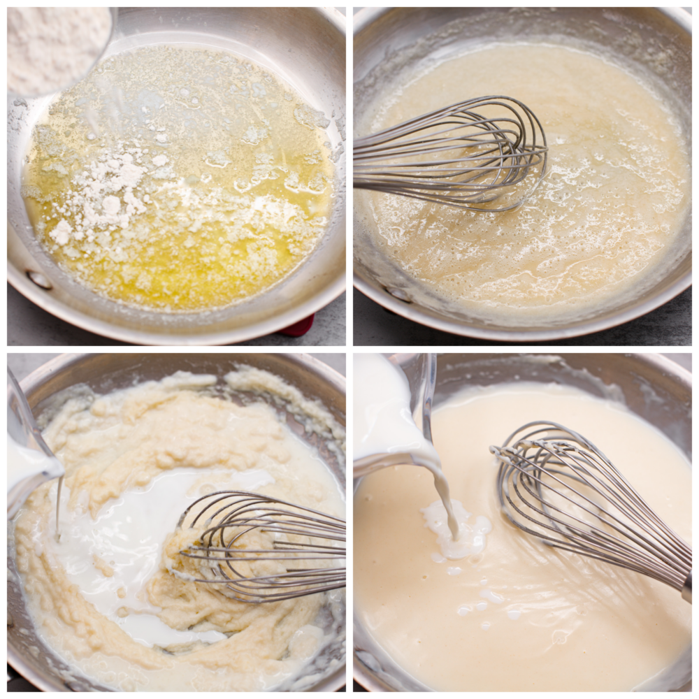 4-photo collage of sauce ingredients being mixed together in a saucepan.