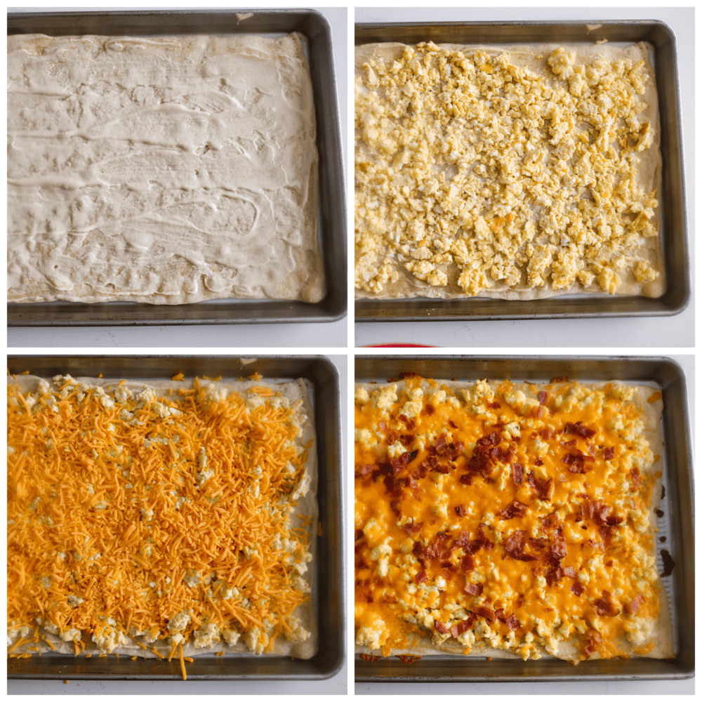 4-photo collage of crust being layered with sauce, eggs, cheese, and bacon.