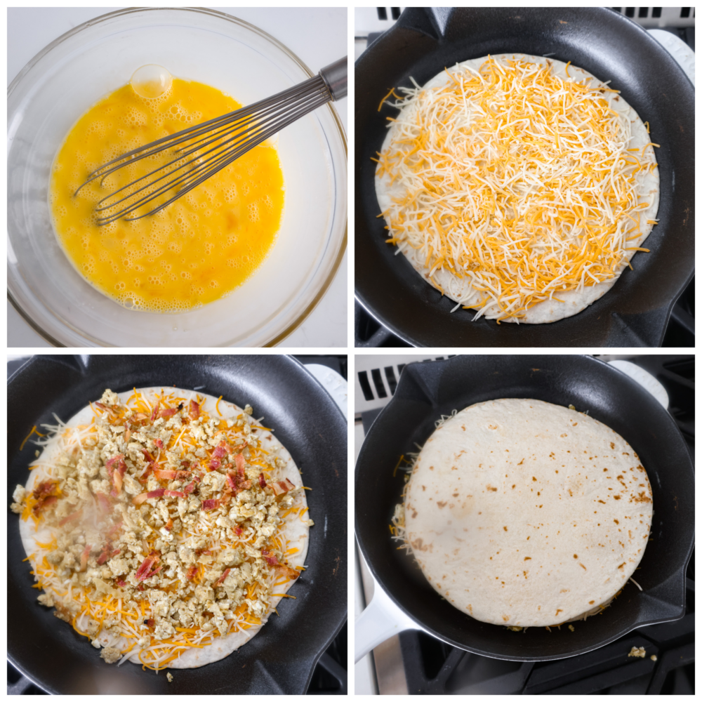 First process photo of eggs whisked together in a bowl. Second photo of cheese sprinkled on a tortilla in a skillet pan. Third photo of the scrambled eggs and crumbled bacon on top of the cheese and tortilla. Fourth photo of another tortilla placed on top of the quesadilla.